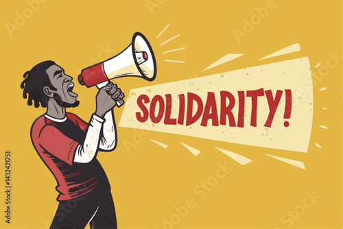 A passionate protester, holding a megaphone, shouts slogans of solidarity during a demonstration.  Focus on the intensity of the moment.