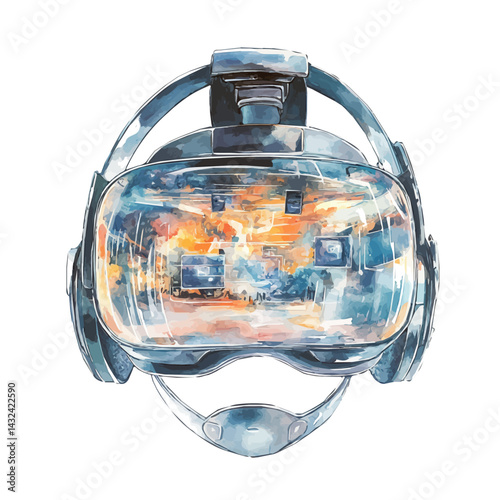 Virtual Reality Chamber With Floating Interfaces, watercolor vector, isolated on a white background.