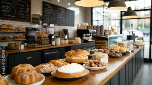 Cozy Bakery Display of Freshly Baked Goods Indulge in Croissants, Pastries, Cakes, and Sweets in Warm Atmosphere with Coffee Delights