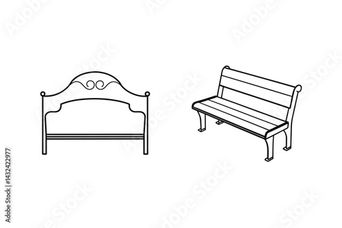 Vector Illustration Of A Decorative Headboard And Simple Park Bench Outline