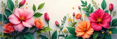 Vibrant blooms & lush leaves, continuous floral design, red, vibrant