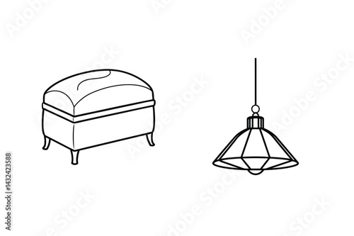 Line Art Illustration Of Ottoman Storage And Geometric Pendant Light Design