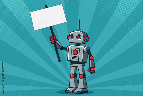 A futuristic robot steadfastly holds a protest sign reading "Humans First" in a powerful, impactful image.  Solid, determined stance.
