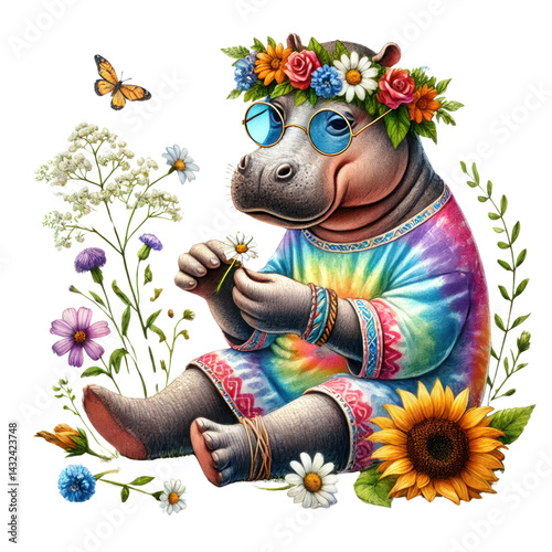 Charming Hippopotamus in Colorful Attire with Floral Crown and Sunglasses Surrounded by Vibrant Flowers and Butterflies, Perfect for Fun Illustrations