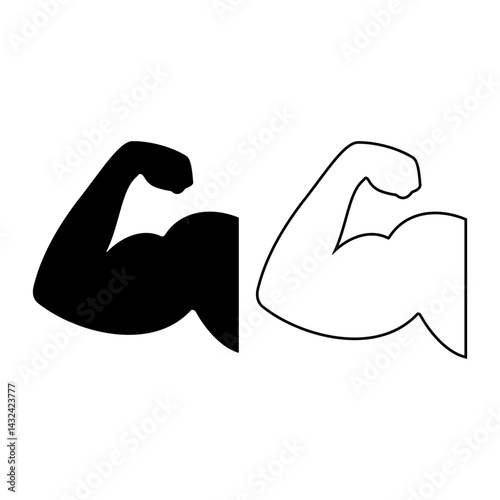 Strong Flexed Bicep Arm Icon – Black and Outline Muscle Silhouette Vector Illustration