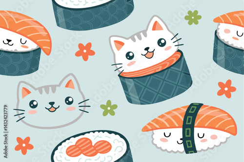 Design a cute, seamless vector pattern featuring adorable sushi-themed cats in a playful Japanese folk art style.