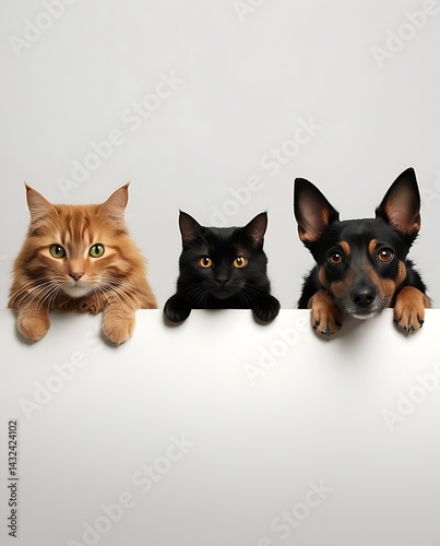 Adorable cat and dog trio posing together with curiosity. A fluffy ginger cat, a sleek black cat, and a playful dog are shown in a cute, harmonious display of friendship and pet companionship.

