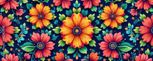 Intricate colorful floral pattern, seamless repeat design, illustration, stylish, retro