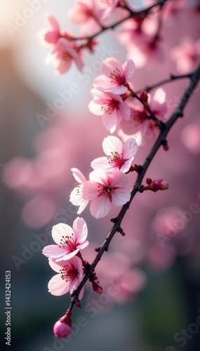 Intertwined cherry blossom boughs, a whisper of petals against a blurred backdrop , texture, fine art