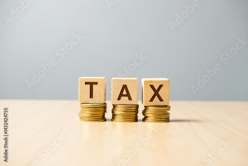 The Word TAX Spelled Out with Wooden Letter Tiles Resting on Stacks of Coins, Illustrating Financial Obligations and Taxation.