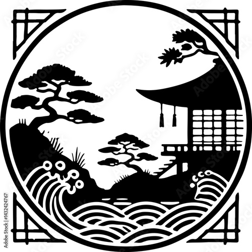 sketch vector illustration silhouette design painting decoration scenery cultural and religion temple classic vintage ethnic traditional chinese