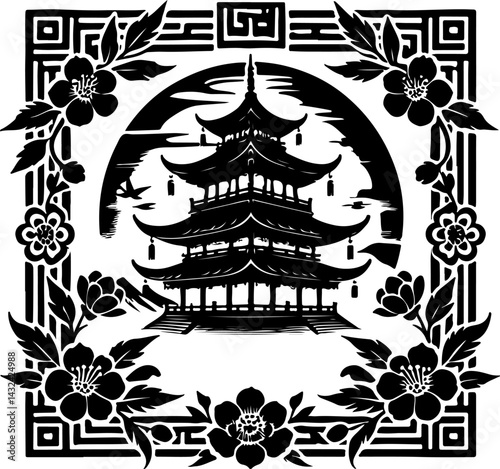 sketch vector illustration silhouette design painting decoration scenery cultural and religion temple classic vintage ethnic traditional chinese