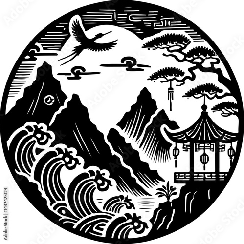 sketch vector illustration silhouette design painting decoration scenery cultural and religion temple classic vintage ethnic traditional chinese