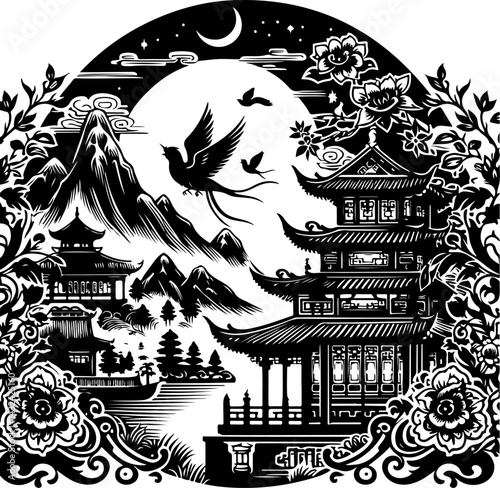 sketch vector illustration silhouette design painting decoration scenery cultural and religion classic vintage ethnic traditional chinese