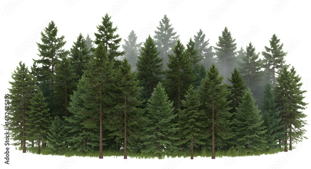 Fototapeta premium Group of Evergreen Trees Forest Background in Foggy Haze