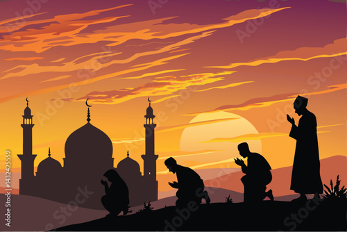 Silhouette of Muslim worshippers praying devoutly at sunset before a majestic mosque.  Capture the serenity and spiritual devotion.