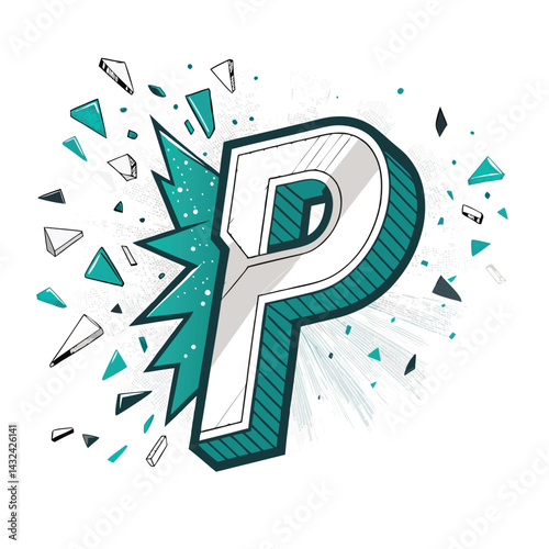 A shattered uppercase 'P' explodes, sending sharp glass shards outwards in a dynamic, chaotic spray.  Whitish background.
