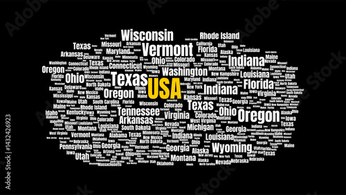 Word cloud of the USA state names, showcasing geography and typography.