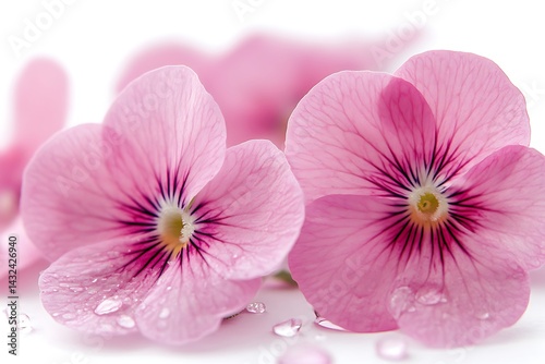 Close-up Pink Pansies with Water Droplets on White Background