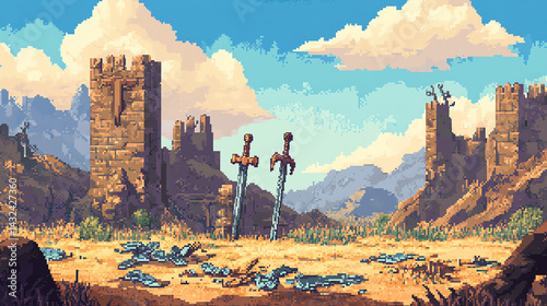 Pixel Art Swords and Castle Ruins Landscape Illustration in Desert Terrain