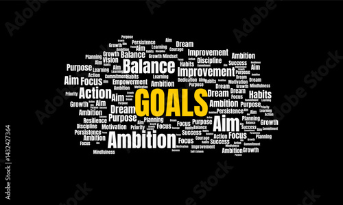 Motivational word collage emphasizing key life improvement areas such as goals, ambition, and perseverance. Perfect for personal growth, discipline, empowerment, and success poster.