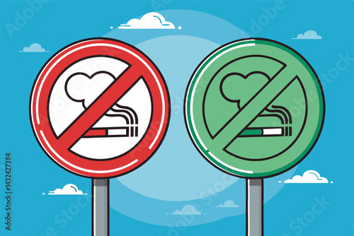 A comparative image showcasing a smoking area sign juxtaposed with a non-smoking sign; highlighting contrasting design elements and messaging related to public health regulations.