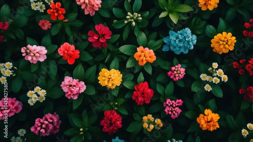 vibrant field of flowers blooming in colorful array showcasing various shades of red pink blue yellow and white surrounded by lush green leaves creating cheerful atmosphere
