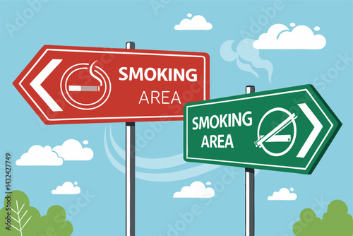 A comparative image showcasing a smoking area sign and a non-smoking area sign placed side-by-side, highlighting the contrasting symbols and regulations.