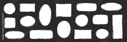 Brush paint frame rough round, stamp shape set. Brush stroke frame rough grunge square, oval paint shape element. Hand drawn texture grunge rectangle, circle round text border. Vector illustration