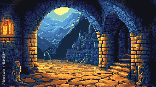 Exploring Pixel Art Dungeon Castle Interior with Stone Arches and Landscape View