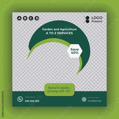 Lawn mower gardening service social media post design template. Agriculture farming business service post. Lawn and gardening service social media post banner template