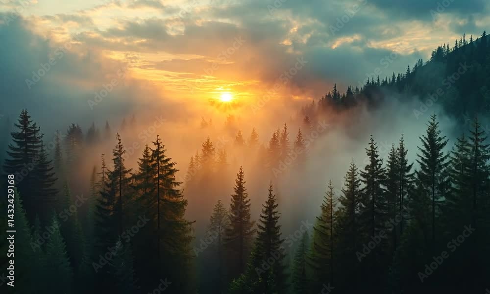 Serene sunrise over a misty forest, with tall trees silhouetted against a vibrant sky Serene sunrise over a misty forest, with tall trees silhouetted against a vibrant sky