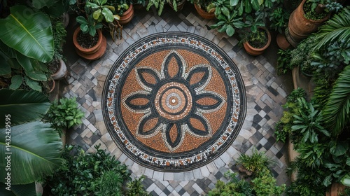 Overhead view of mosaic patio, lush plants, tranquil courtyard