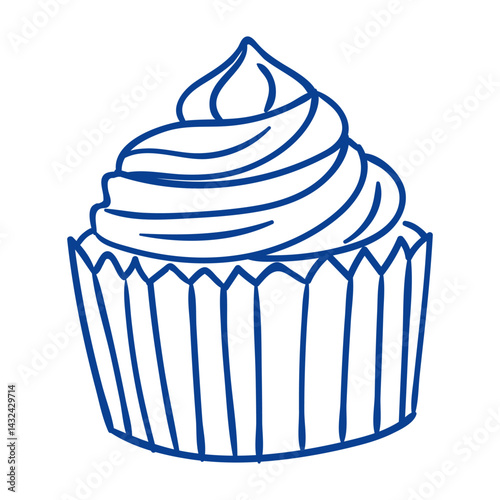 Cupcake with swirled frosting displayed in a blue outline design