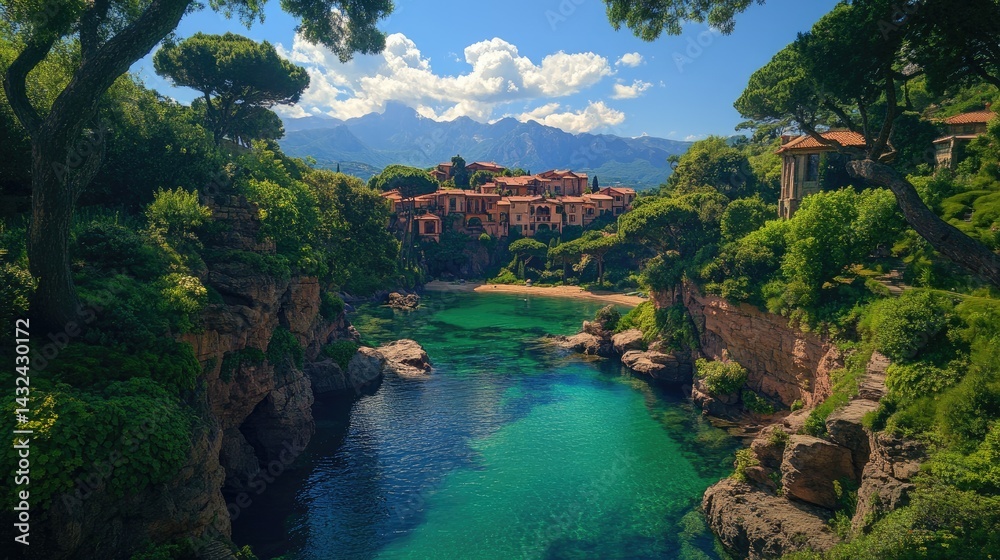 Picturesque coastal cove with lush greenery and charming buildings nestled against a backdrop of mountains. Crystal-clear turquoise water Picturesque coastal cove with lush greenery and charming buildings nestled against a backdrop of mountains. Crystal-clear turquoise water