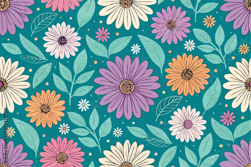 Design a groovy, seamless pattern featuring bold, stylized daisy motifs in vibrant, 70s-inspired colors.  Include a retro vibe.