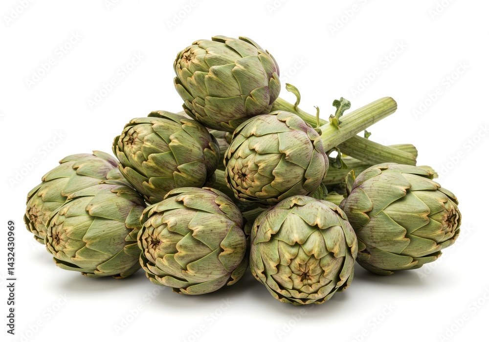 A pile of fresh artichokes stacked on a white surface in a studio setting with natural lighting used A pile of fresh artichokes stacked on a white surface in a studio setting with natural lighting used