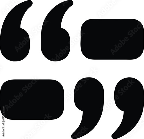 Minimalist black quote marks and speech bubbles icon representing dialogue, conversation, and communication in a modern vector graphic style. Adobe Illustrator Artwork