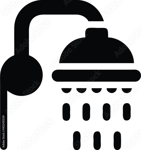 Black shower head icon with water droplets, representing bathroom, hygiene, sanitation, plumbing, and water usage in home and hotel environments. Adobe Illustrator Artwork