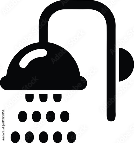 Modern black showerhead icon with water droplets representing hygiene, plumbing, bathroom fixtures, and cleanliness for home decor.