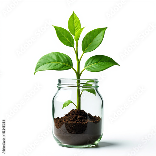 Jar with green money plant, wealth and finance symbol, isolated transparent background PNG photo