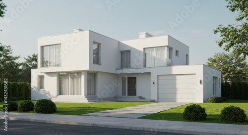 Modern minimalist white house with large windows and a garage, featuring a well-maintained green lawn and surrounding trees under a clear sky, rendered in a realistic 3D style.