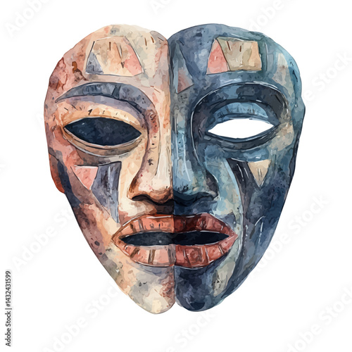 Unrecognized Civilizations Masks, vector watercolor illustration, isolated on a white background.