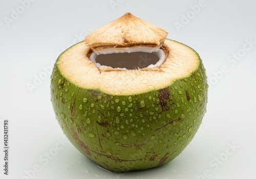A fresh green coconut with a cut top and water droplets on its surface against a white background