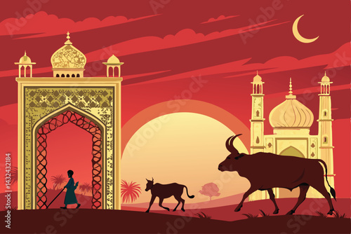A photograph depicting a traditional Islamic gate, intricately carved, with a cow and goat peacefully walking nearby, showcasing cultural harmony.