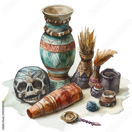 watercolor of Unknown Cultures Sacred Artifacts, vector, isolated on a white background.