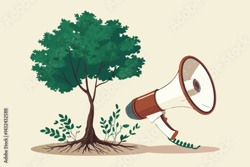 A vibrant tree sprouts from a megaphone, symbolizing environmental activism and the campaign for refor.  The image should be visually striking and convey a message of growth and change.