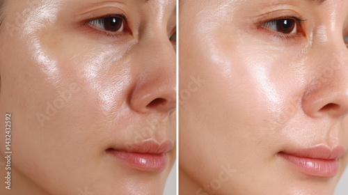 Comparison of skin before and after brightening serum treatment, left side dull and dry, right side radiant, smooth and glowing