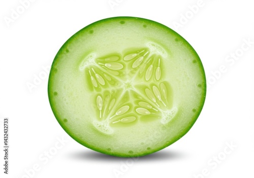 A close up of a sliced cucumber showing the seeds and the green skin on a white background isolated