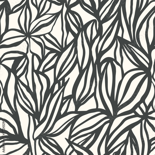 Surface pattern design with hand drawn simple leaves and foliage. Artistic botanical background. Linear vector seamless pattern. Nostalgic vintage allover print.
